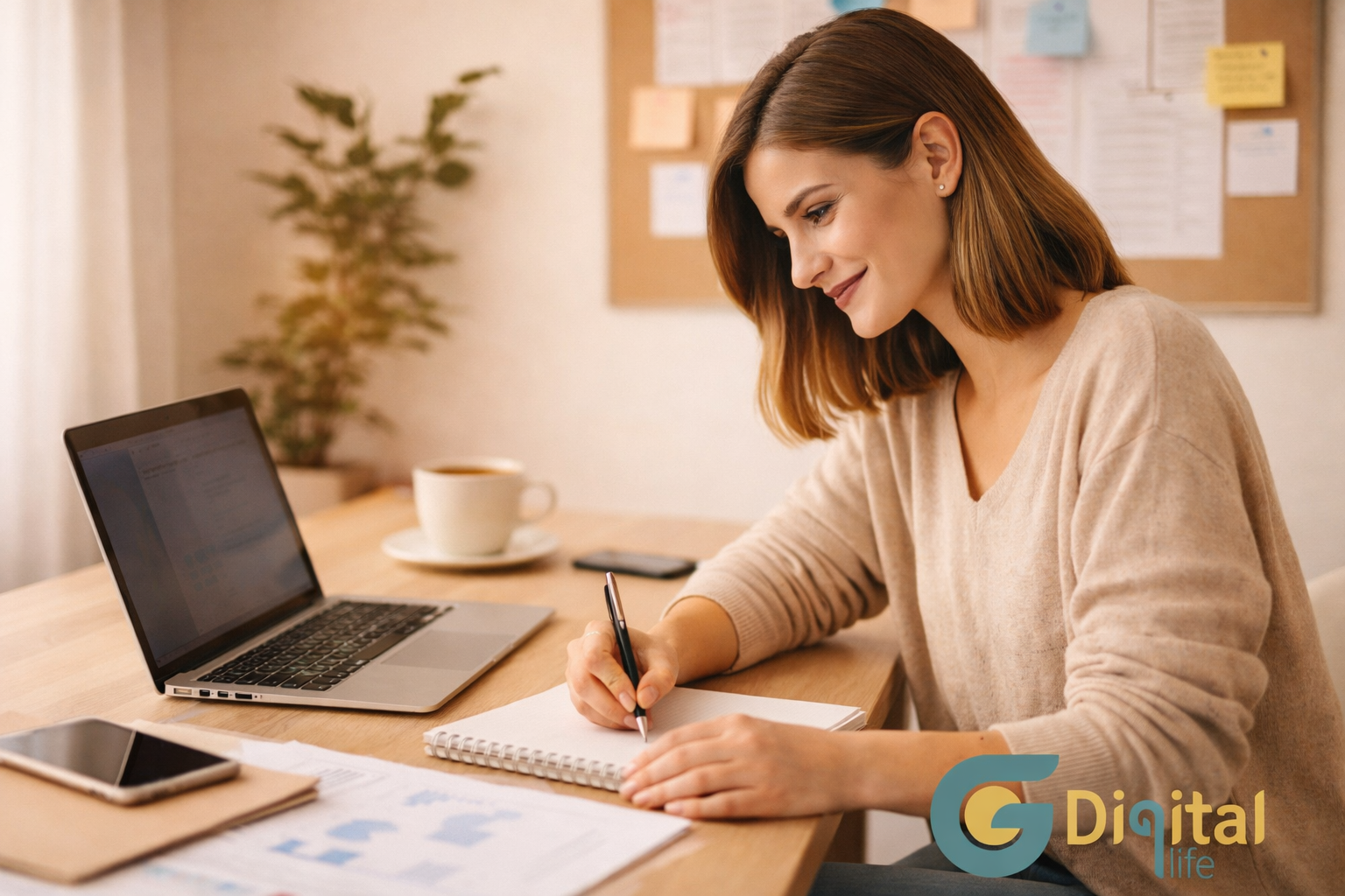 Mujer emprendedora trabajando con laptop y cuaderno, usando inteligencia artificial para emprender desde cero