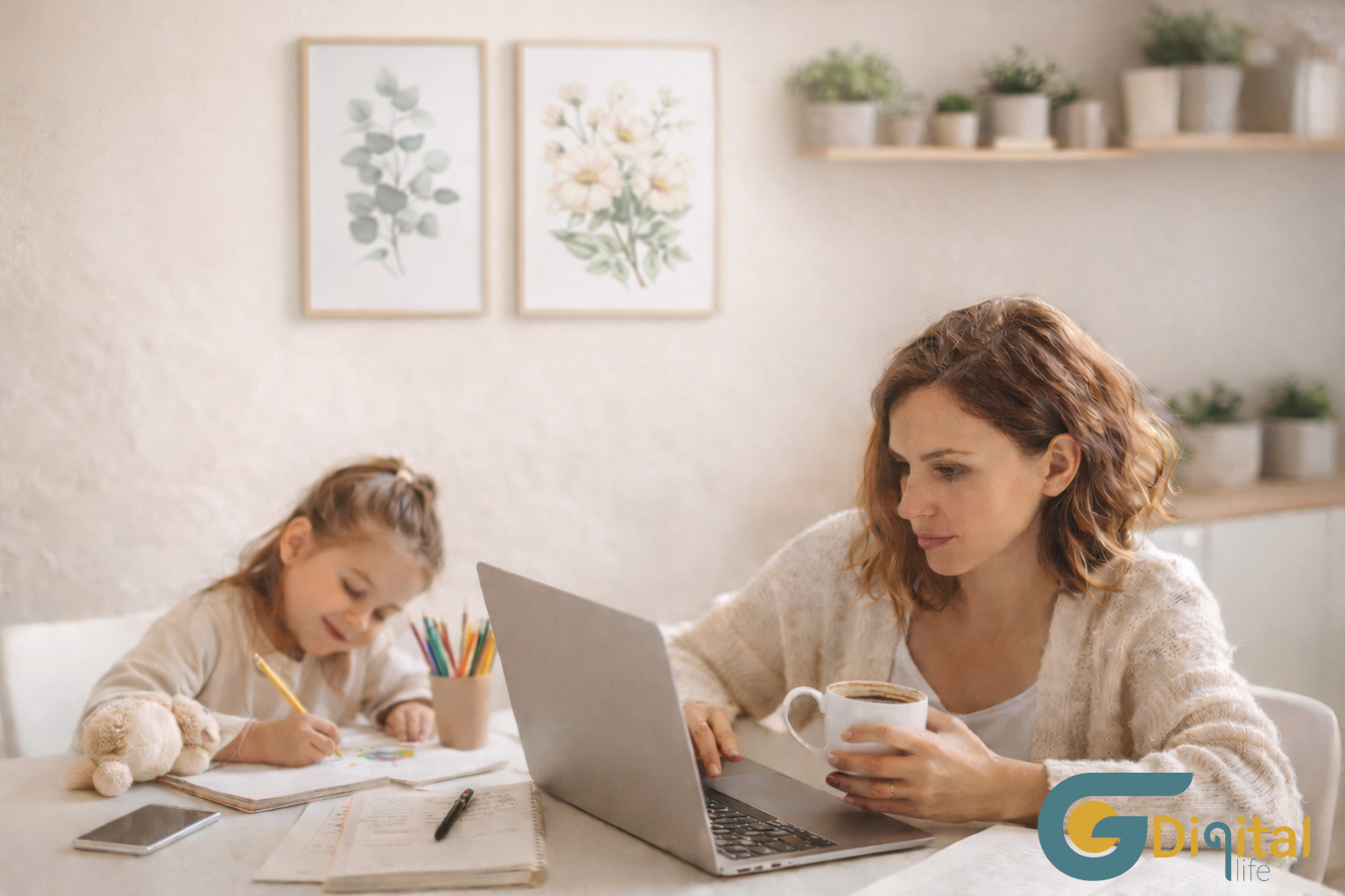 Mamá emprendedora trabajando en su negocio digital desde casa mientras organiza su tiempo